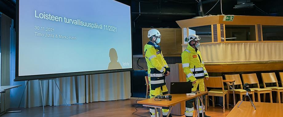 Kajaven ja Loiste Lämmön yhteisessä Turvallisuuspäivään toimitusjohtajat Timo Jutila ja Marko Kesti osallistuvat turvallisissa varusteissa.